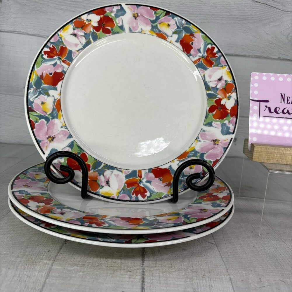 China Pearl DAISY Red Pink Blue Yellow Floral Rim Fine China Dinner Plates Set 3